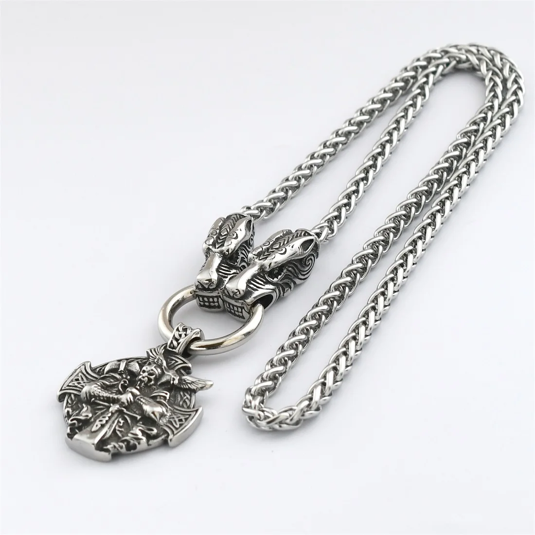 

Viking Stainless Steel Odin Warrior Crow Pendant Necklace Titanium Steel Celtic Wolf Head Chain Necklace Men's Gothic Jewelry