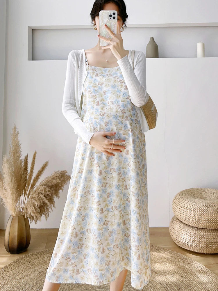 Chiffon Maternity Dress with Cardigan Floral Casual Sun Protection Pregnancy Clothes Summer Suspenders Pregnant Dresses enlarge