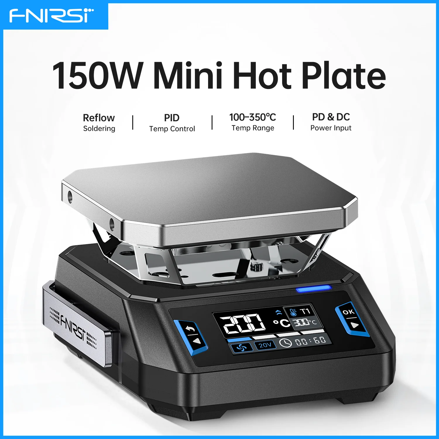 Фото Мини-нагревательная плита FNIRSI HT-P1 150 Вт с PID-регулятором постоянной температуры до 350°C ℃   Нагревательная платформа для DIY-электроники: инструмент для печатных плат №1
