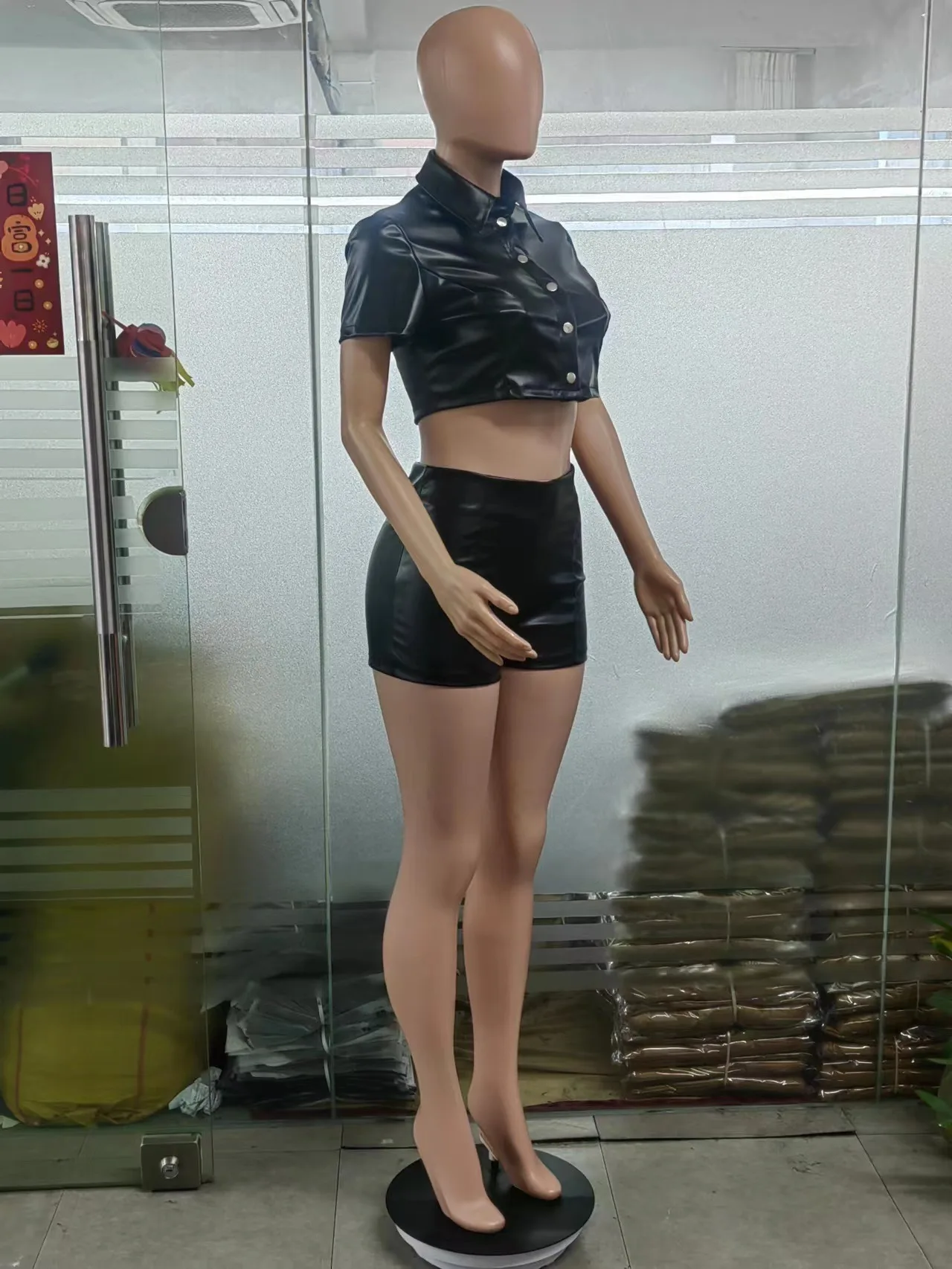 Summer Two Piece Outfits for Women Set Sexy PU Black Leather Shorts and Top Bodycon Party Clubwear