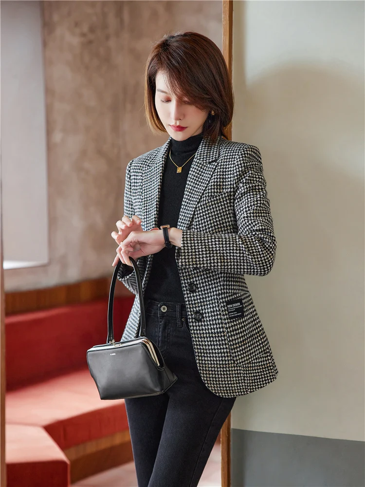 Women Vintage Plaid Blazer Elegant Office Houndstooth Suit Coat Woolen Jacket Female Outerwear Chic Slim Tops