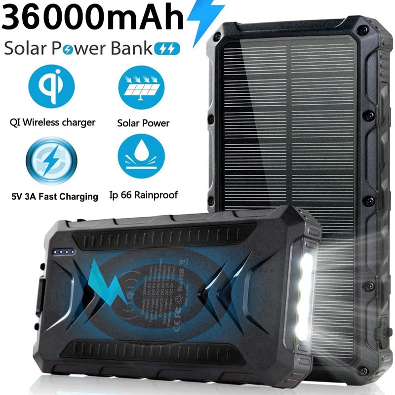 Фото 36000 мАч Солнечная батарея Быстрое беспроводное зарядное устройство Powerbank для iPhone 16 15 Samsung S24 Huawei Xiaomi 3A Powerbank с быстрой зарядкой №2