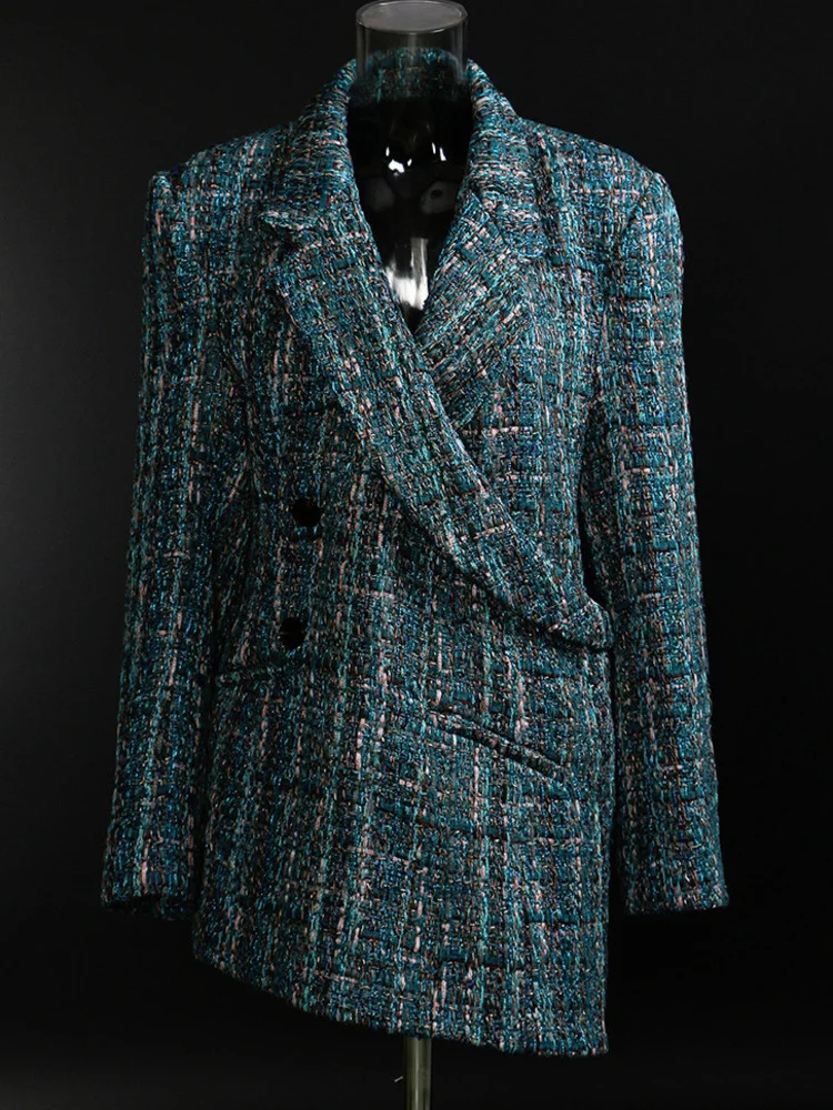 

Fashion Women's Blazer Cross Closure Loose Long Sleeve Tweed Woven Spliced Asymmetry Suit Jackets Autumn 2022 New