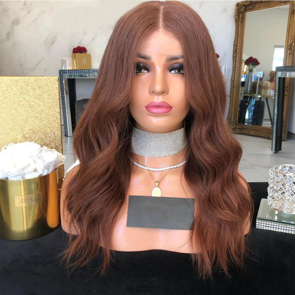 

RONGDUOYI Red Brown Color Synthetic Fiber Hair Pre Plucked Body Wave Lace Frontal Wig With Baby Hair Cosplay Wigs For Women
