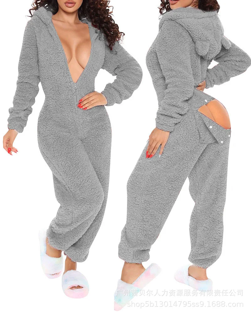 New Casual Solid Hooded Sets Winter Women Jumpsuits Simple Plush Ladies Sleep Clothes Spring And Autumn