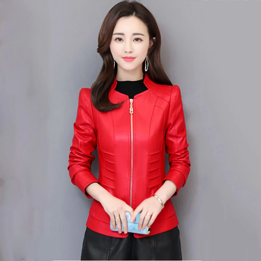 New Women Small Leather Jacket Spring Autumn Fashion Trend Unique Stand Collar Slim Sheepskin Outerwear Split Leather Short Coat