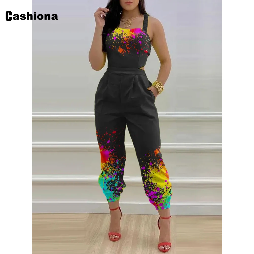 2022 European Style Fashion Tie Dry Print Jumpsuits Plus Size 3xl Women Chest Support Trouser Sexy Pocket Design Overalls Femme