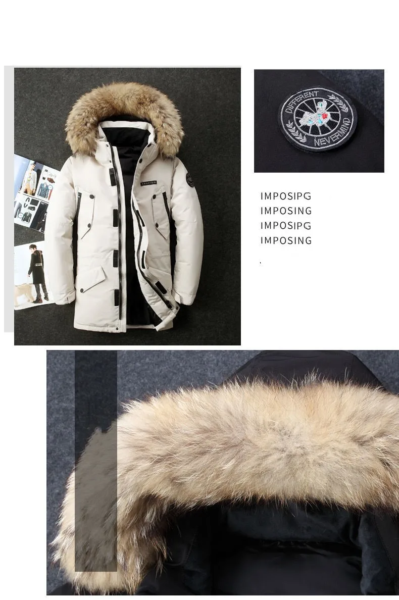 Мужской длинный пуховик на белом утином пуху с капюшоном и меховым воротником