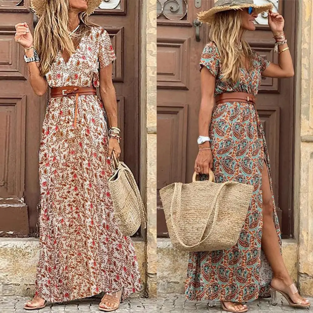 

Boho Women Dress V Neck Short Sleeve Paisley Print Belt Large Hem Beach Long Dress With Belt Paisley Print Large Hem Female Dres