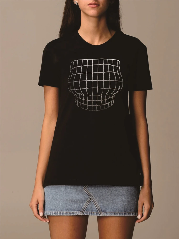 

Graphic T Shirts Women Harajuku Goth Clothes 3D Chest Print Cotton O Neck Loose Straight Black Y2k Shirt Summer Women Clothes