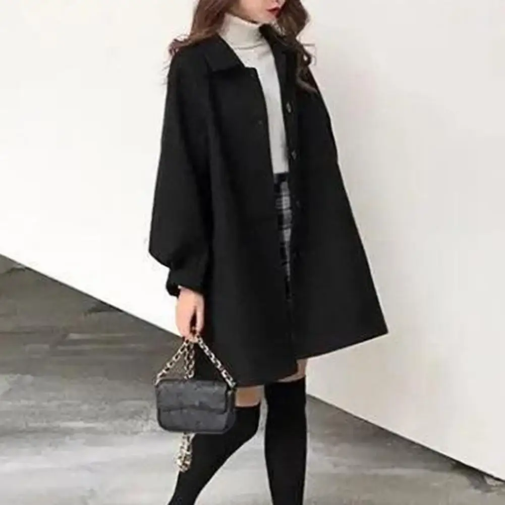 

Women Overcoat Turn-down Collar Single-breasted Buttons Mid Length Long Sleeve Keep Warm Soft Korean Style Winter Coat