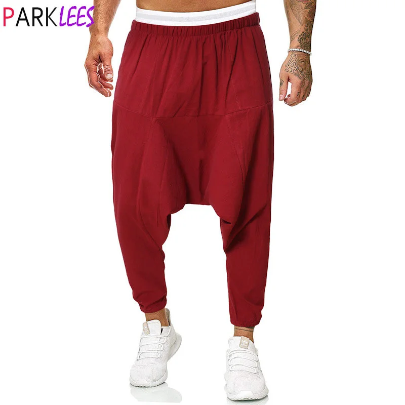 

Men's Red Baggy Genie Boho Yoga Harem Pants Cotton Low Drop Crotch Joggers Sweatpants Men Hip Hop Hippie Streetwear Trousers 5XL