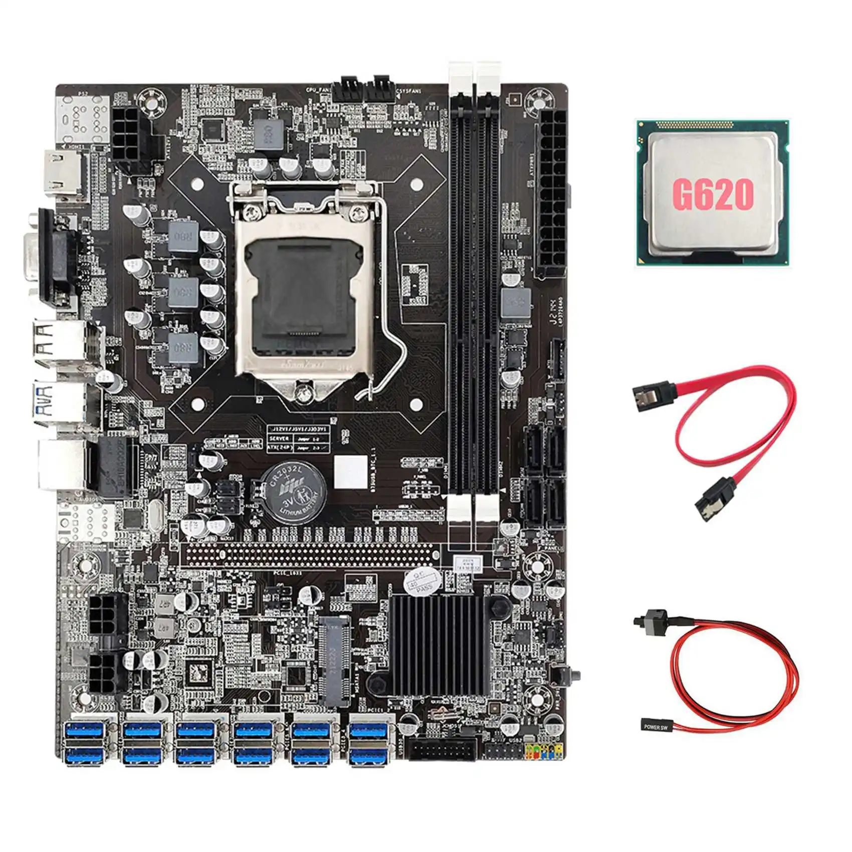 B75 ETH Mining Motherboard+G620 CPU+Switch Cable+SATA Cable LGA1155 12 PCIE to USB MSATA DDR3 B75 USB BTC Motherboard