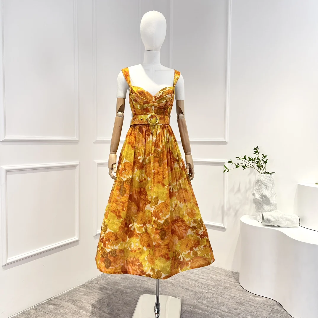 

Женское винтажное платье-миди с поясом, оранжевое платье для пикника с цветочным принтом, весна 2023