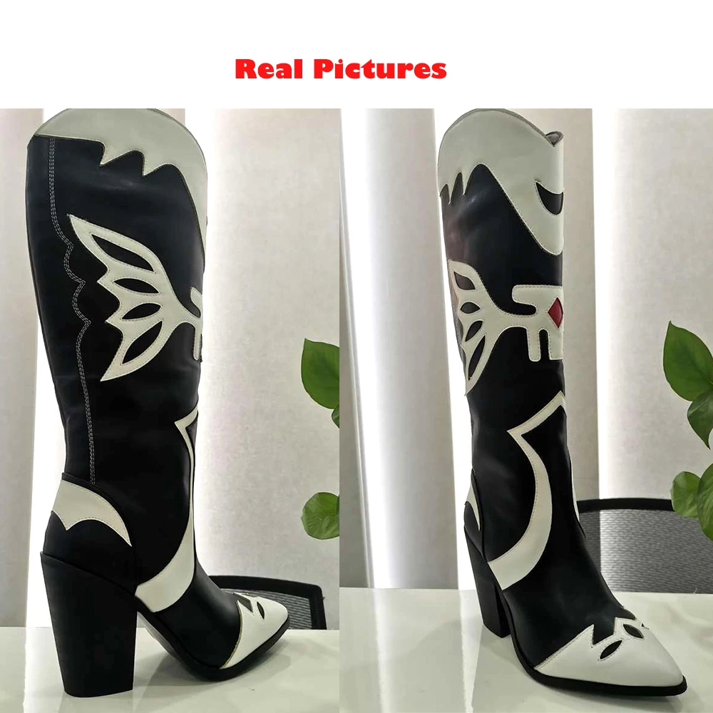 Cowboy Cowgirl Knee High Long Boots Butterfly Embroidered Black White Fairy Chunky Heel Western Boots Slip On Shoes Brand Design images - 6