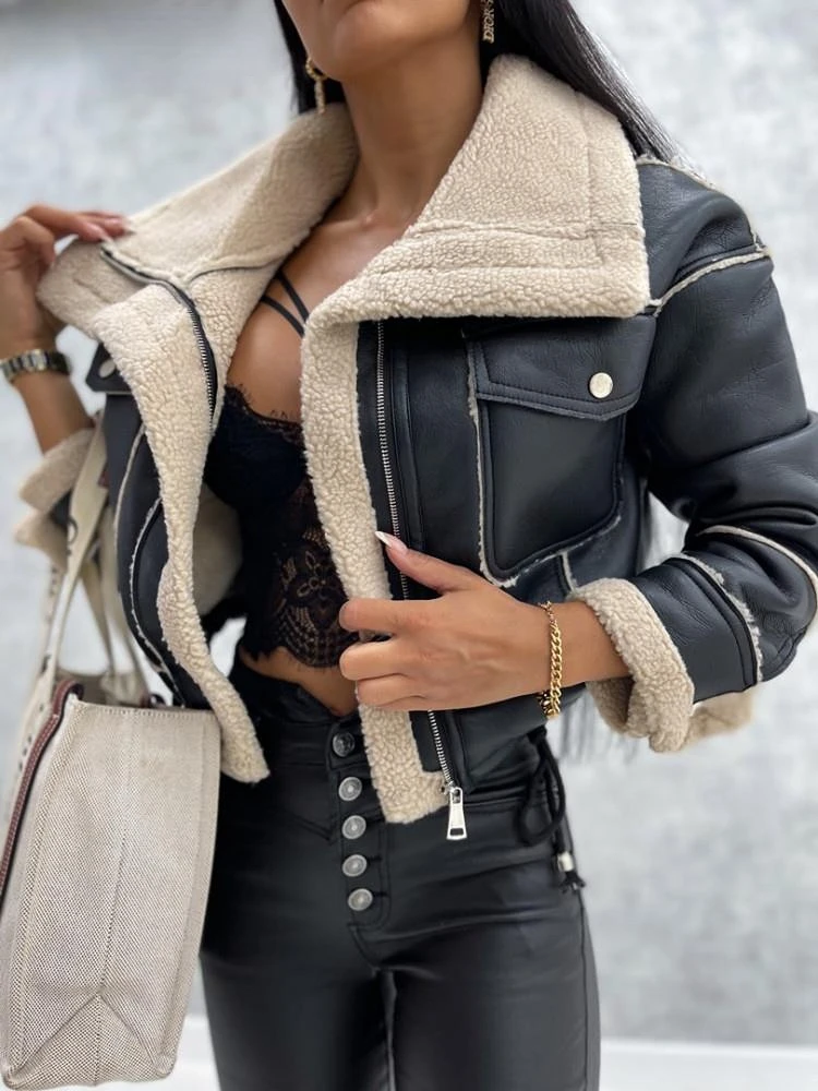 2023 Women Winter Faux Leather Jacket Long Sleeve Lapel Fleece Linen Coat Zip Up Motorcycle Jacket Warm Chic Coat Outwear