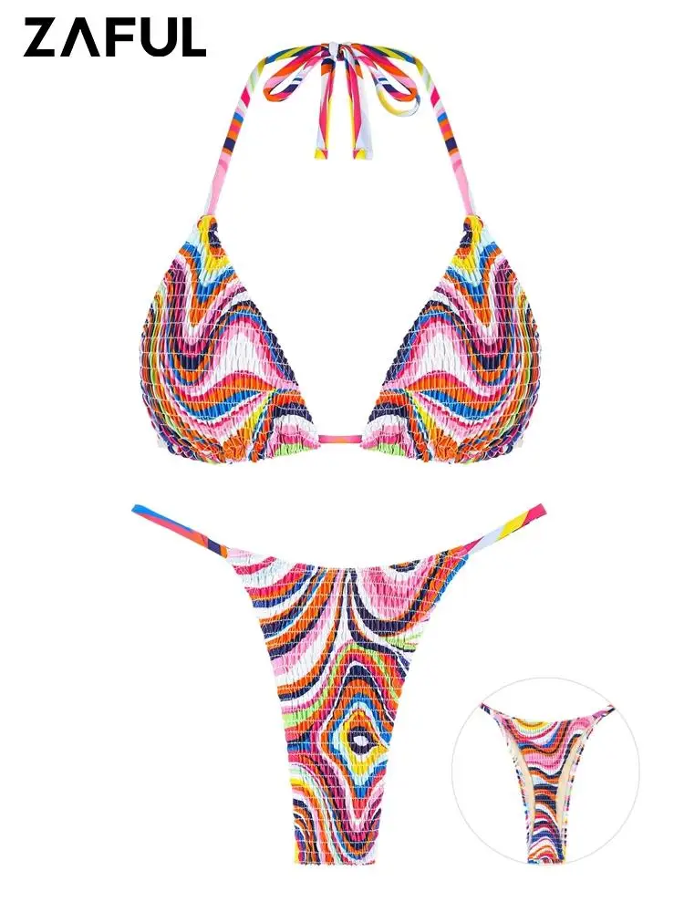 

ZAFUL Y2K Swimsuit For Women Abstract Print Smocked Bikini Swimwear Halter Triangle Padded Tie Bikini Top With Thong Bottom