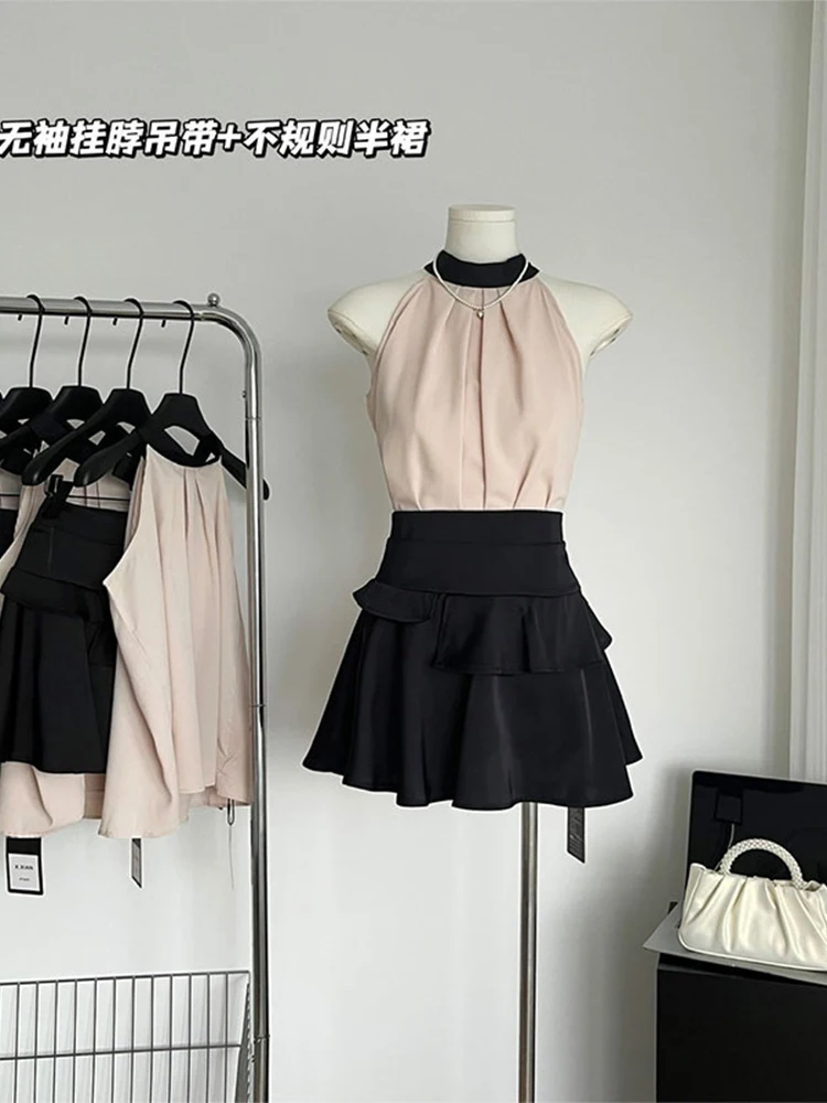 

Sexy Sweet 2000s Aesthetic Outfits 2 Piece Set Women Sleeveless Half High Collar TankTop +Ruffle Edge Pleated Skirt Wrapped Hip