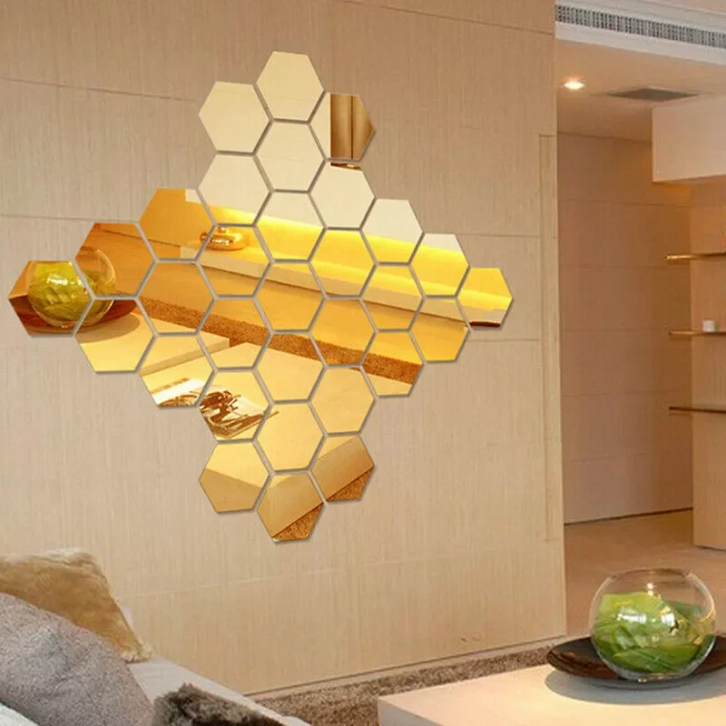 

3D Mirror Wall Sticker Hexagon Home Decor Mirror Decor Stickers Multi-color DIY Removable Living-Room Decal For Home