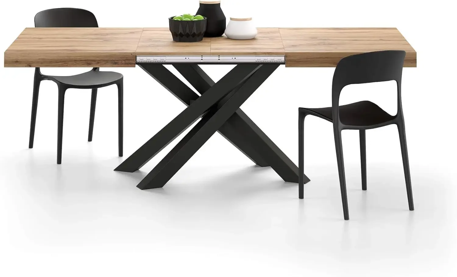Выдвижной Стол Из рустикального дуба с черными перекрестными ножками для 6-10