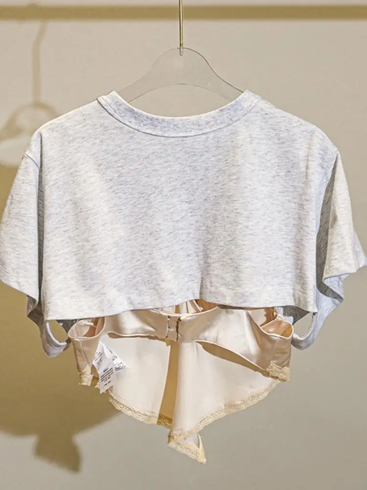 

Women Fake Two Piece Letter Print Lace Sling Splicing T-Shirt 2023 Spring Summer New Ladies Sweet Short-Sleeved Tee Female Tops