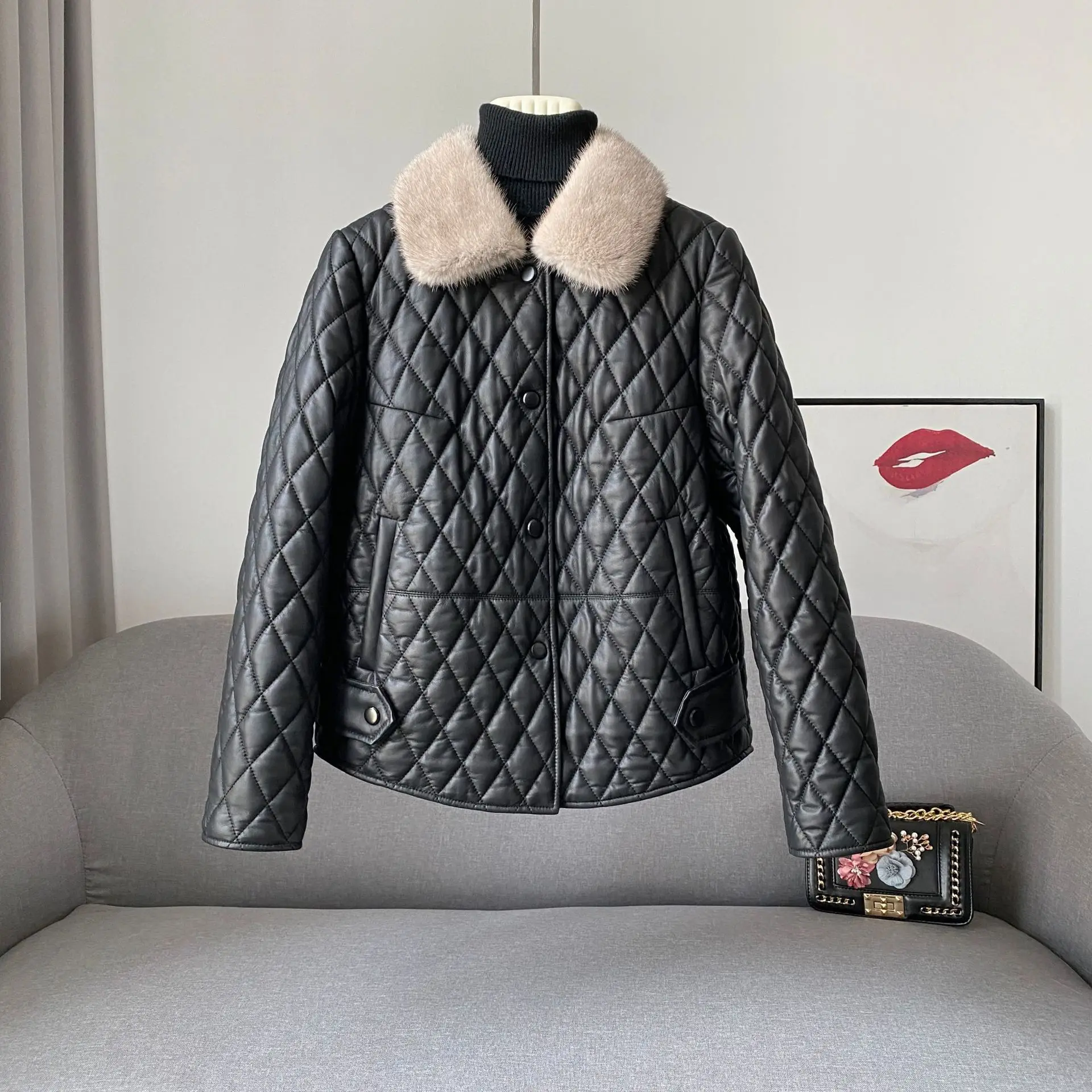 Leather mink fur collar down jacket sheep leather coat women's short