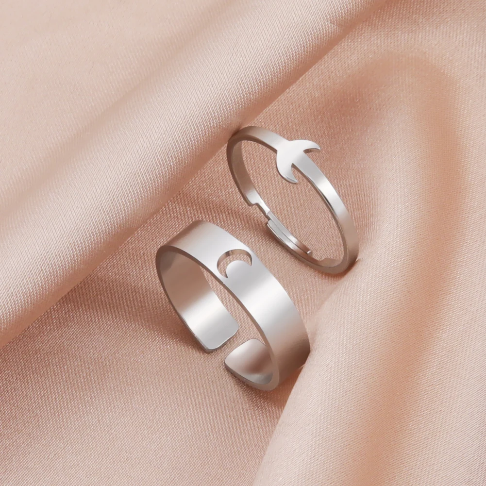 

Hollow Moon Couple Paired Rings For Anniversary Valentine's Day Gift Jewelry Minimalist Stainless Steel Adjustable Finger Rings