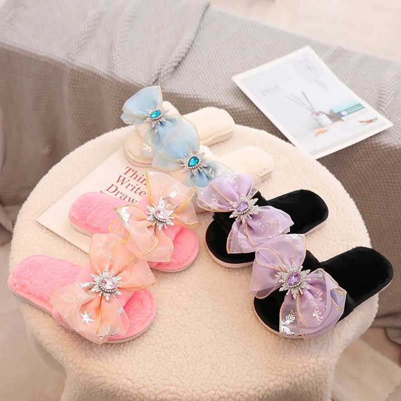 

Winter Slippers for Girls Diamante Princess Sweet Children Sliders Indoor Warm Three Colors 26-35 Fashion Slip-on Kids Shoes