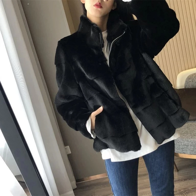 Autumn Winter Warm Stand Collar Faux Fur Jeacket Women Long Sleeve Plush Short Coat Woman Zipper Coats Ladies