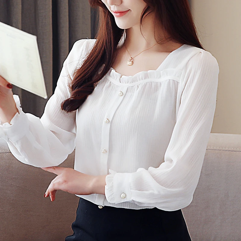 

Sweet Fashion O Neck Autumn Pink Shirts Women Korean Long Sleeve Chiffon White Blouse Women 2022 New Tops Chemise Femme 15629