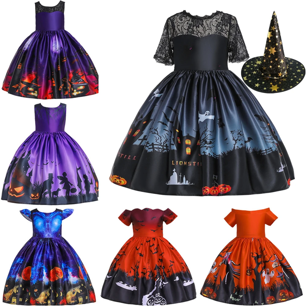 

Платье на Хэллоуин для девочек, карнавальный костюм ведьмы, маскарадный костюм для малышей, с принтом тыквы вампира, пышные миди-платья прин...