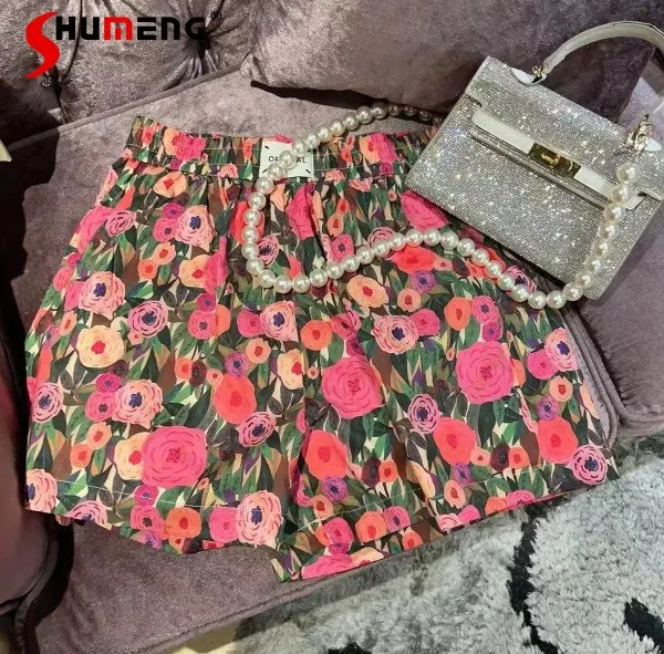 Floral Casual Short Pants Women's Summer 2023 New Beach Shorts High Waist Slimming Wide Leg Versatile Design Color Hot Pants