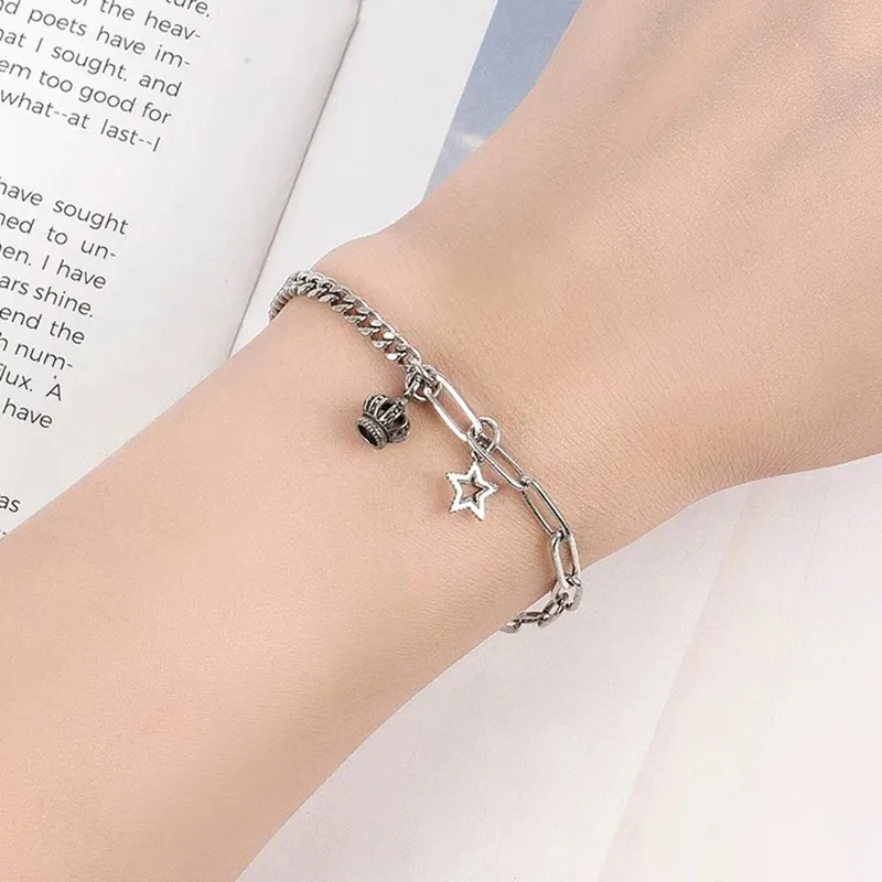 2022 New Trendy Cuban Chain Women Bracelets Classic S925 Silver Crown Pentagram Do old Bracelet Bangles For Women Luxury Jewelry