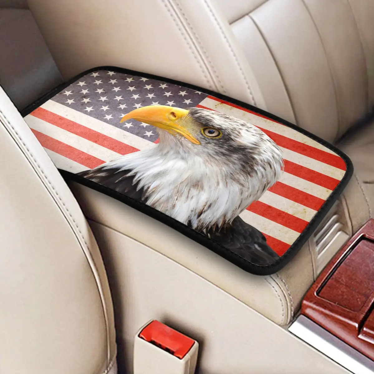 

North American Bald Eagle On American Flag Car Armrest Cover Mat Non-Slip Center Console Pad Storage Box Protection