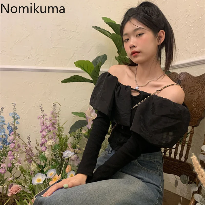 

Кроп-топ Nomikuma с воротником-лодочкой и оборками на весну и осень, шикарные футболки с высокой талией и длинным рукавом, винтажный пикантный Элегантный Топ для женщин