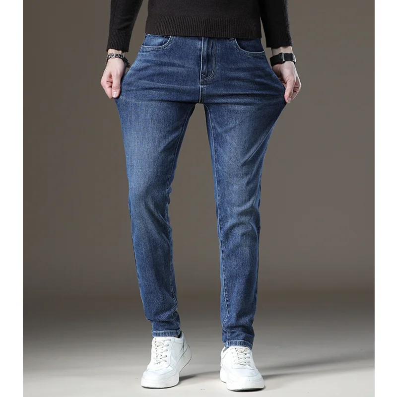 Street Style Men's 2022 Autumn Winter New Slim Fit Elastic Blue Pencil Pants Casual Denim Women's Plush and Thicken Jeans Street