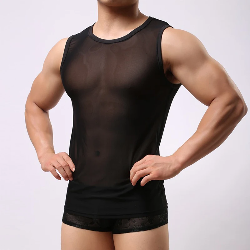 

Sexy See Through Mesh Sleeveless T Shirt Men Summer Casual Solid Color Sleepwear Tank Tops Mens Clothes Fashion O Neck Basic Top