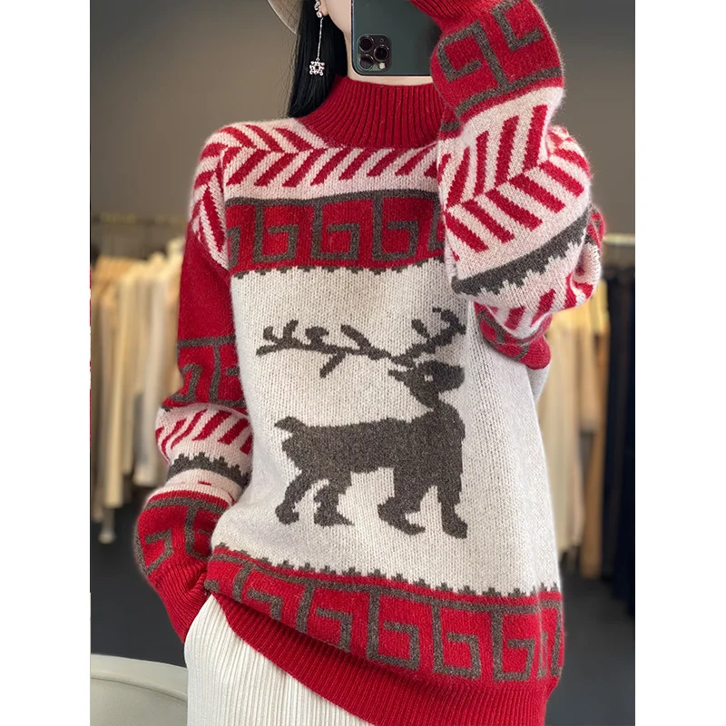 Deer 2025 рождественские утепленные женские свитера из 100% шерсти зимний вязаный