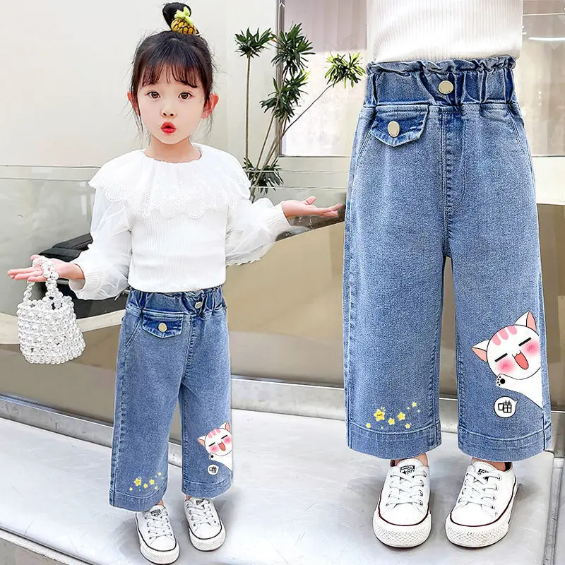 

Girl Denim Wide-leg Pants Baby Elastic Printed Jeans 2022 New Kids Loose Trousers Child Outwear Clothes Spring Autumn