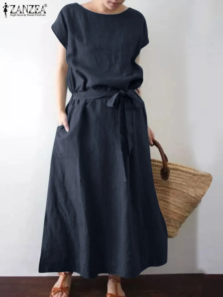 

ZANZEA Women Short Sleeve Casual Solid Long Dress Stylish Summer Fashion Sundress Kaftan Vestidos Robe Femme Oversize Belted 7