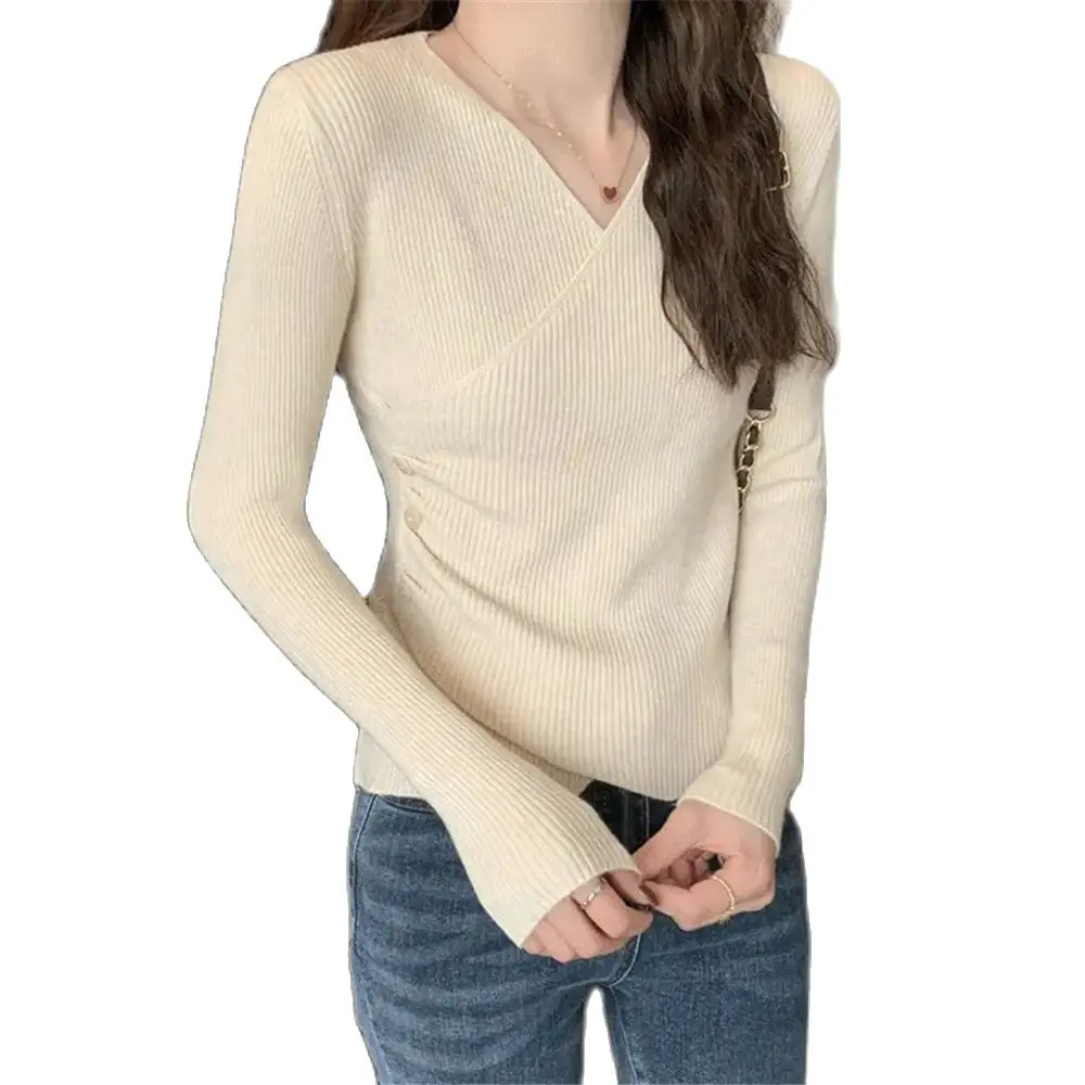 

2023 Новый Весенний и осенний женский пуловер V воротник трикотажный свитер леди с длинными рукавами, чтобы заполнить пальто ночного магазина