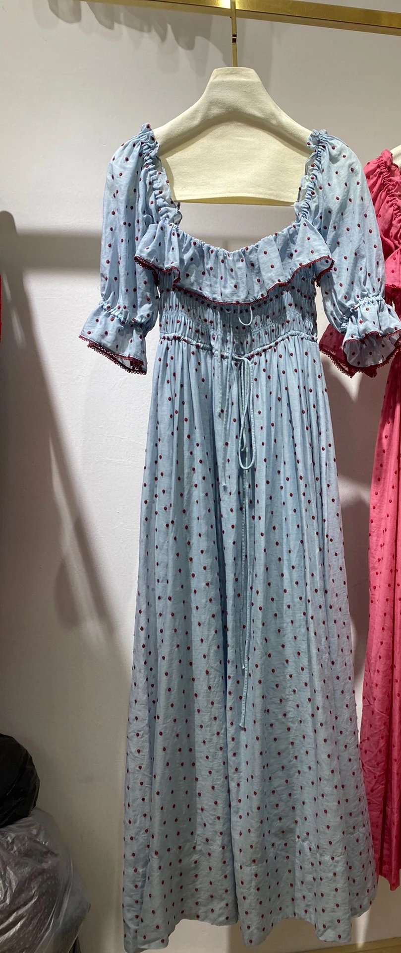 

2022 Summer New Dot Print Blue Rose Red Embroidery Ruffled Collar High Qulity Women Dresses for Holiday