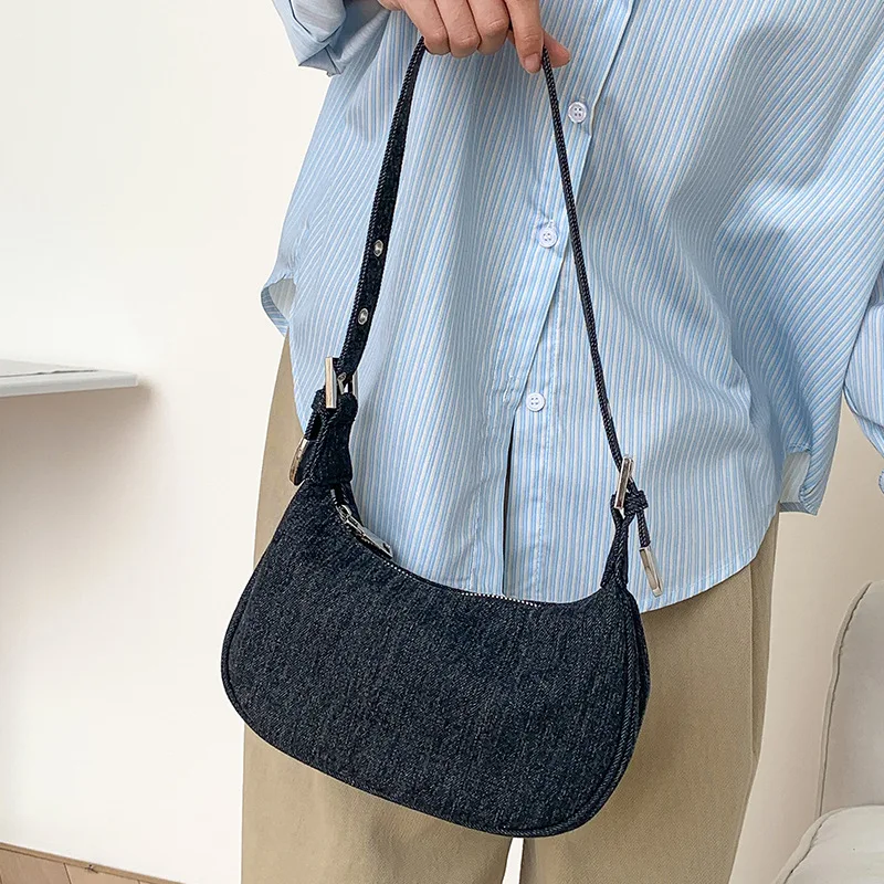 Simple Denim Blue Hobo Bag for Women Adjustable Strap Ladies Underarm Bag Small Half Moon Shoulder Handbag Summer New Feminina