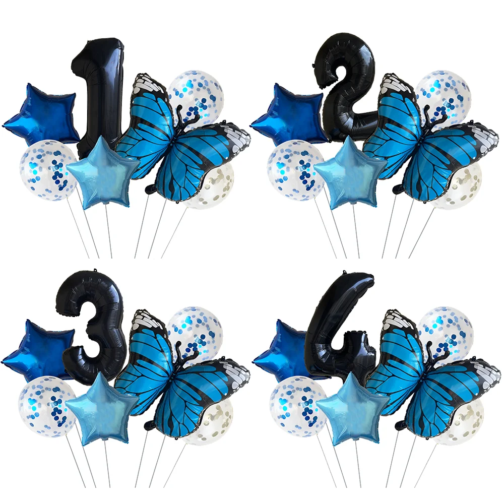 

A Set of 7 Blue Butterfly Theme Party Baby Birthday Celebration Decor 32inch Black Number Balloons Star Balloons Sequin Balloons