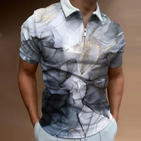 turn down collar short sleeve men t shirt quick drying zipper neck geometry print tee shirt male clothing