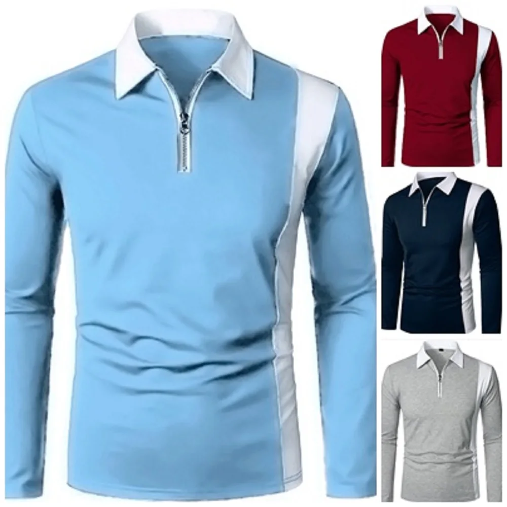 

Men Fashion New Color Matching Collocation Lapel Long Sleeve Men's Polo Shirt Two-color Stitching Casual T-shirt Jumbo Size