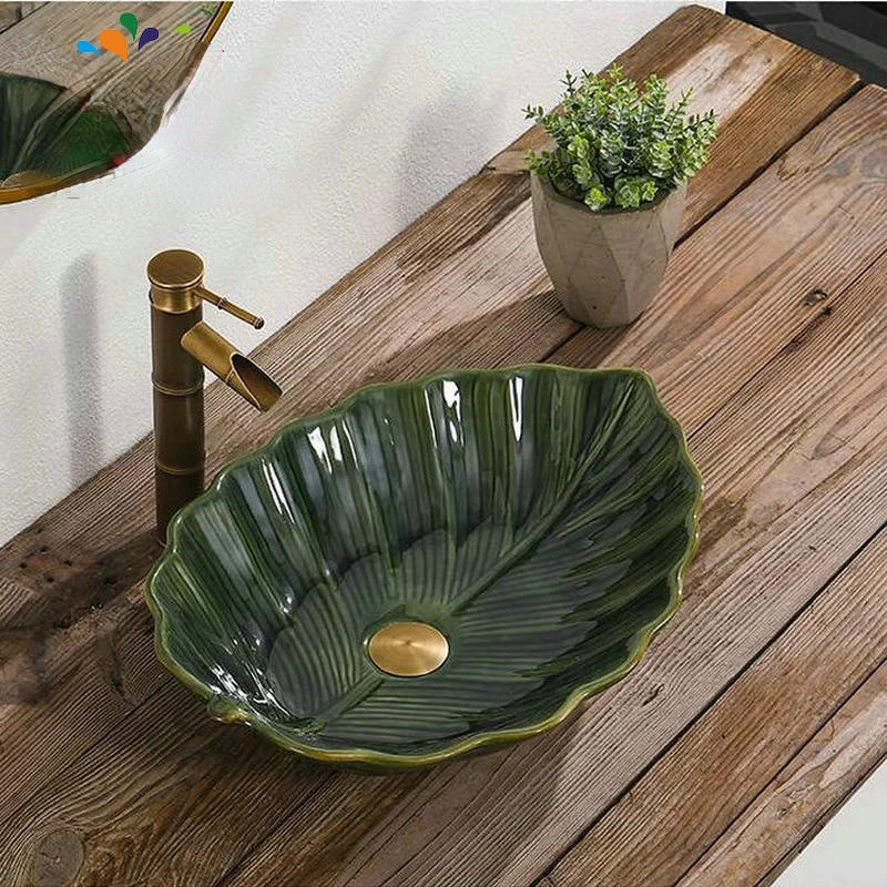 Artistic Glazed Leave Bowel Sink Engraved Wash Basin Ceramic Round Coutertop Bathroom | Sinks