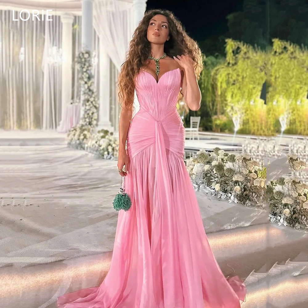 Фото LORIE Шикарные розовые шифоновые вечерние платья без бретелек без рукавов со складками вечернее платье трапециевидной формы с разрезом для выпускного вечера по индивидуальному заказу №1