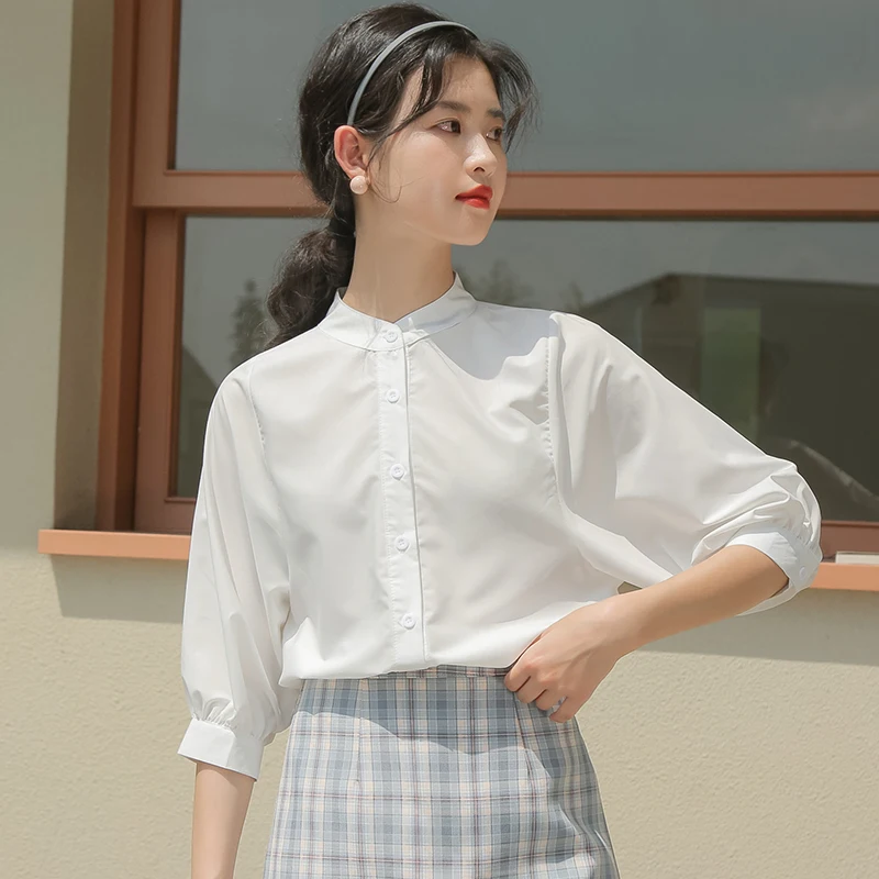 

Summer new stand Collar Chiffon loose white commuter shirt seven sleeve casual shirt 817a, 403-4