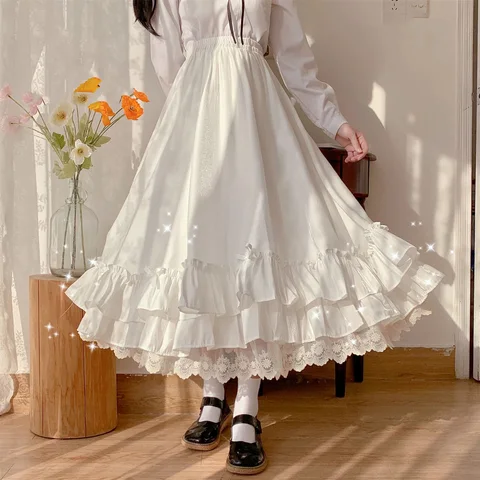 Japanese Solid Color Double Layer Vintage French Ruffled A-Line Pleated Skirt Hepburn Black Half Skirt Female White Long Skirt